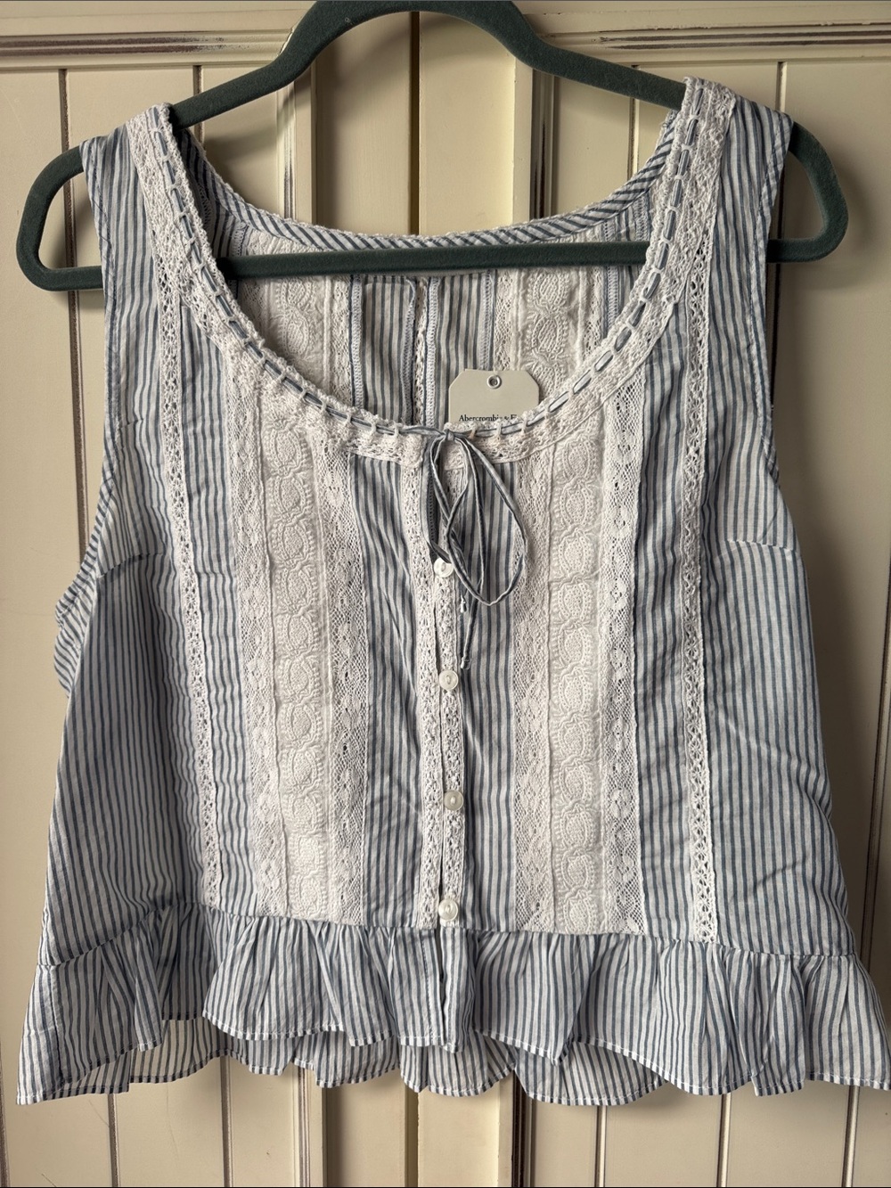Abercrombie &Fitch Striped Lace-Trim Sleeveless Top - Blue & White